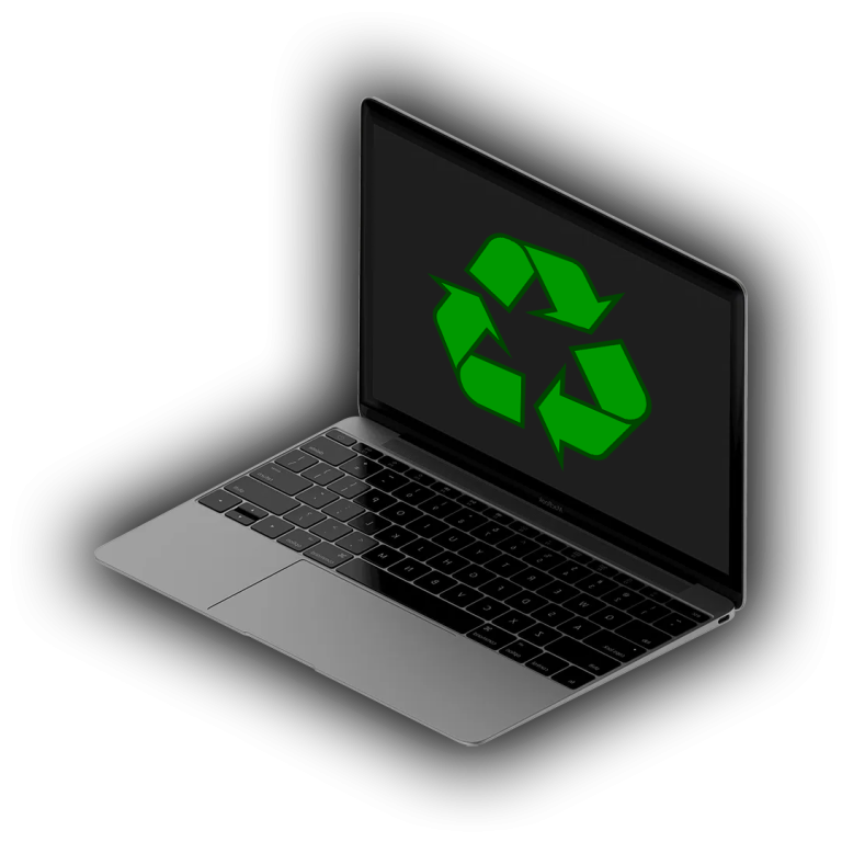 A laptop with a recycle symbol on it.