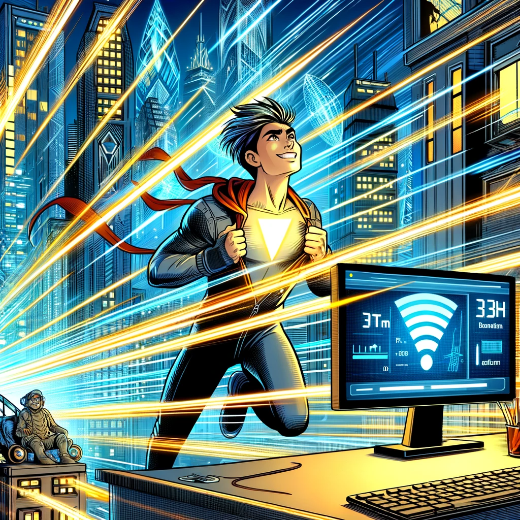 superhero running in front of a computer during the broadband installation process.