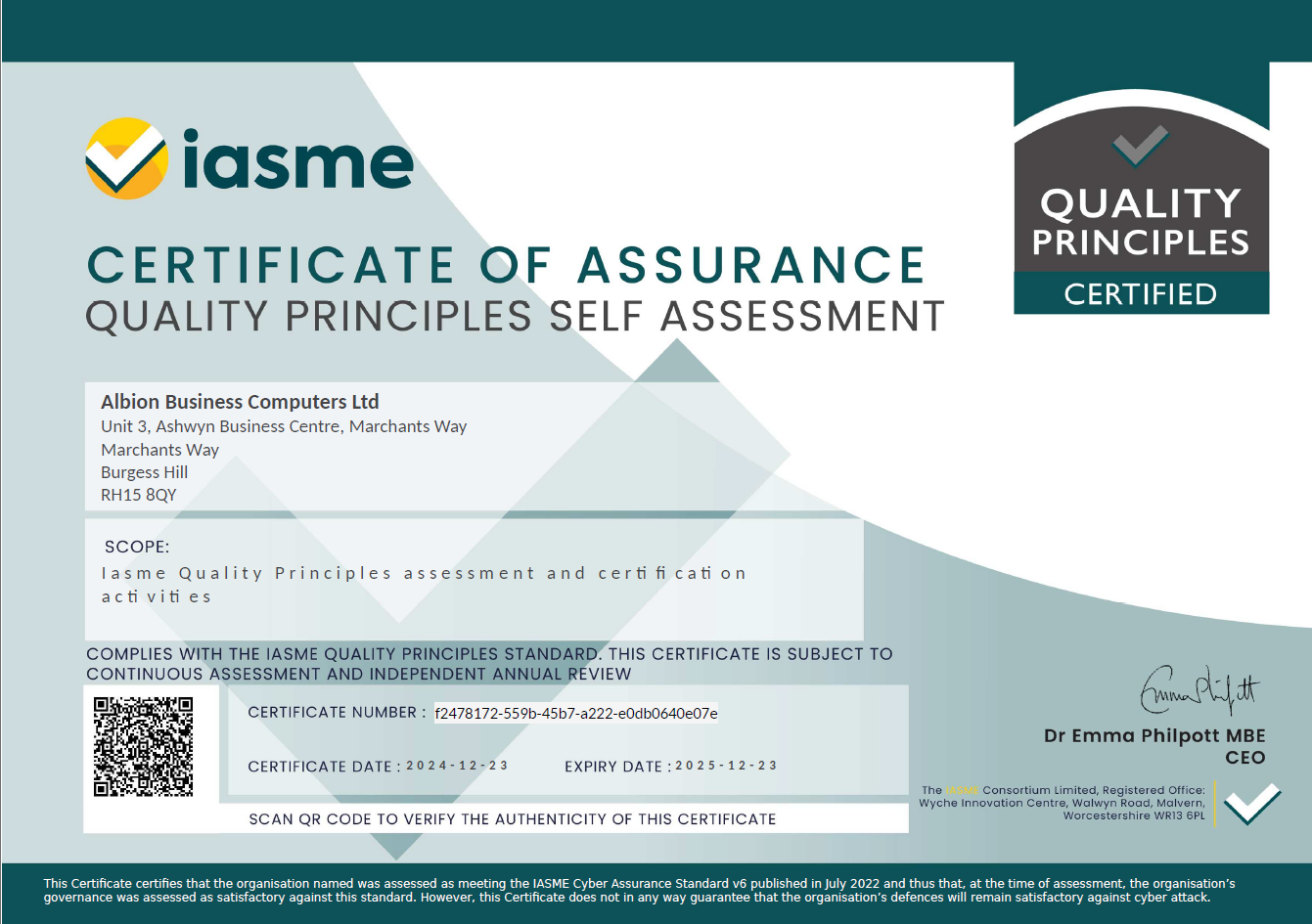 Certificate of Assurance from IASME, awarded to Albion Business Computers Ltd for meeting quality principles. Valid from 2023-01-01 to 2023-12-31. CEO: Dr. Emma Philpott.