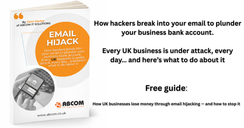 Cover of the Email Hijack guide by Yann Davies of ABCOM IT Solutions: how hackers break into your email to plunder your business bank account.
