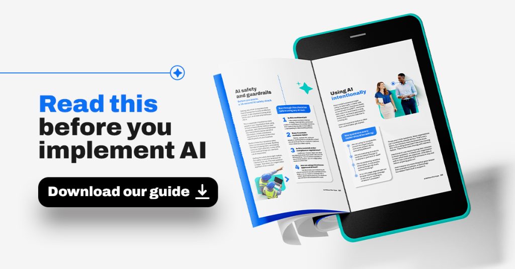 An open digital guide on practical AI implementation appears next to bold text reading, "Read this before you implement AI
