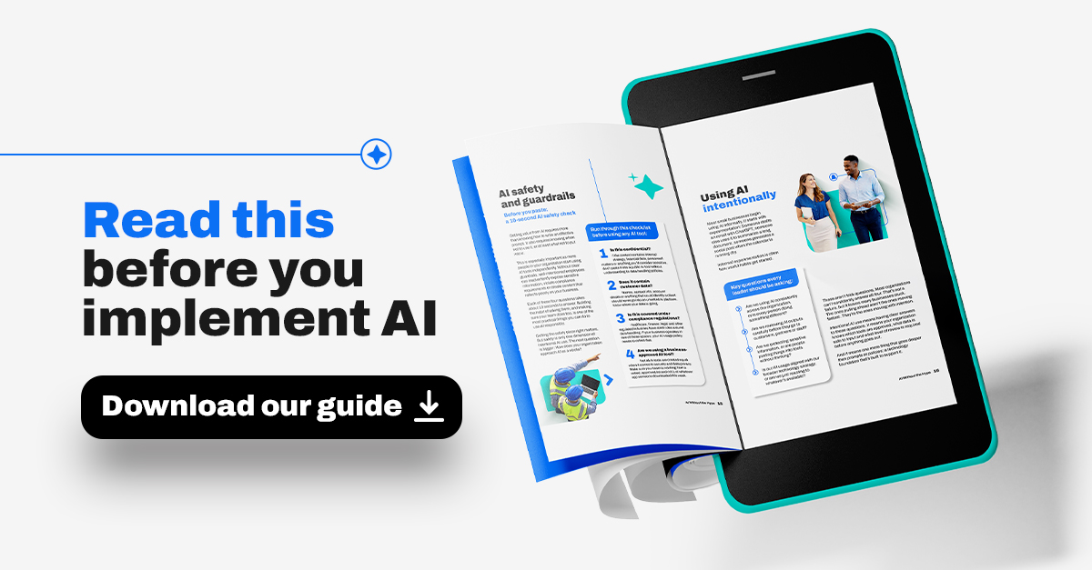 An open digital guide on practical AI implementation appears next to bold text reading, "Read this before you implement AI