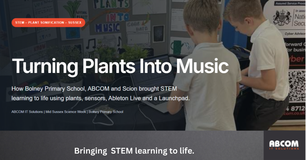 Children using Scion plant sensors to create music during an ABCOM IT STEM workshop at Bolney Primary School in Sussex