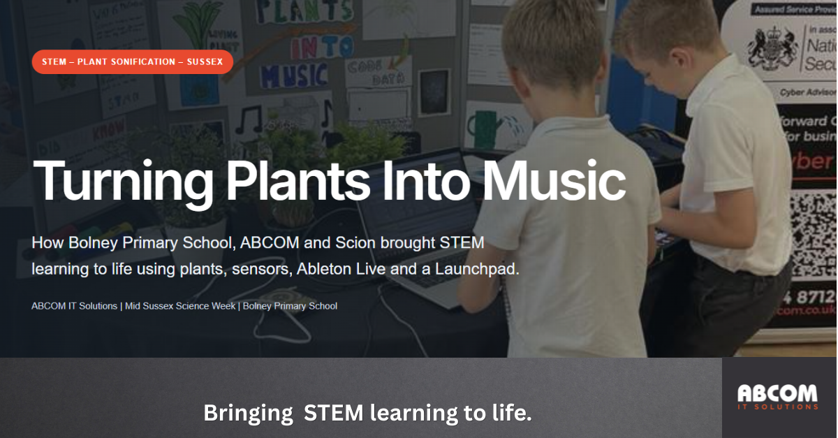 Children using Scion plant sensors to create music during an ABCOM IT STEM workshop at Bolney Primary School in Sussex