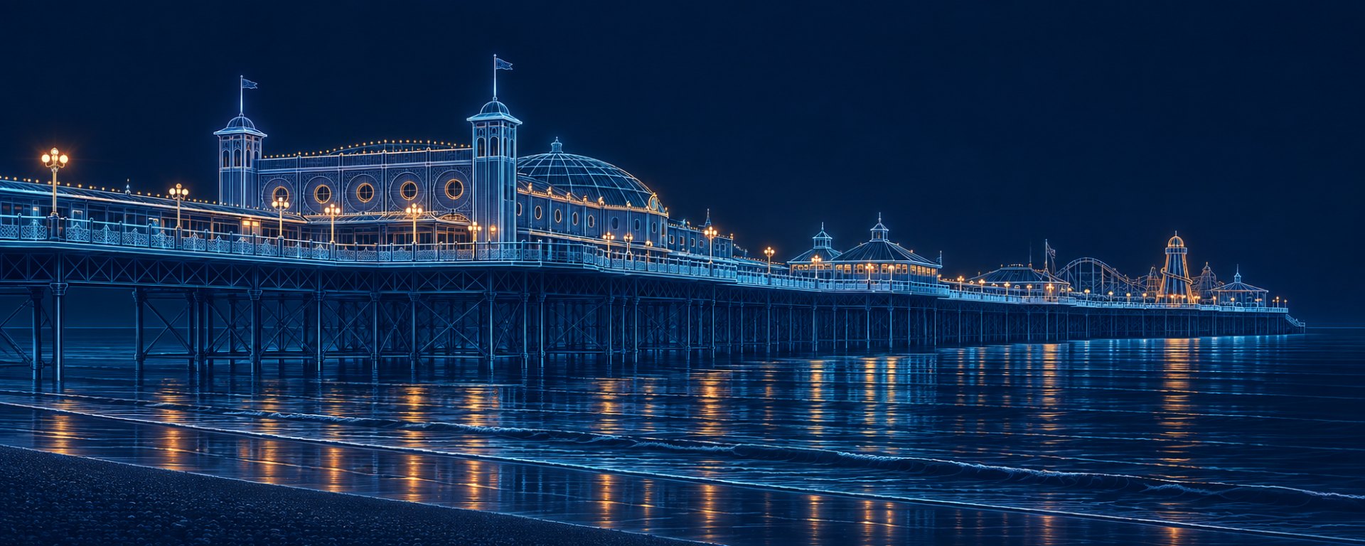 Neon-style illustration of Brighton Palace Pier lit up at night over the sea