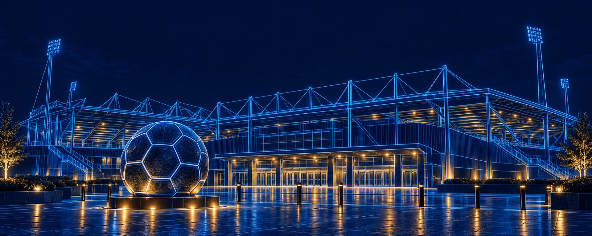 Neon-style illustration of a football stadium in Crawley lit up at night