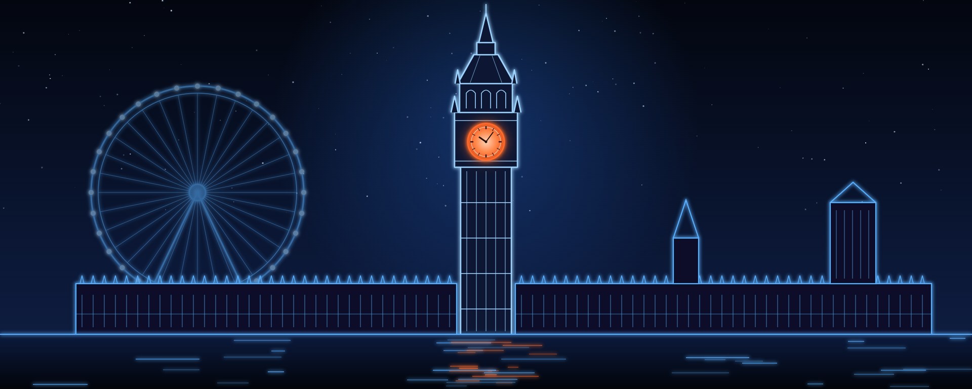 Neon-style illustration of Big Ben and the Houses of Parliament in London lit up at night