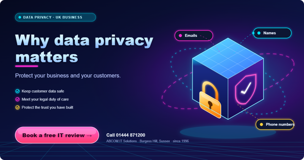 A graphic highlighting the importance of data privacy with icons for emails, names, and phone numbers, plus a secure cube and a list of benefits for keeping customer data safe.