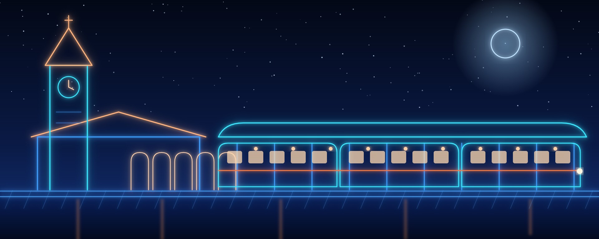 Neon-style illustration of a Victorian railway station clock tower and train in Haywards Heath at night