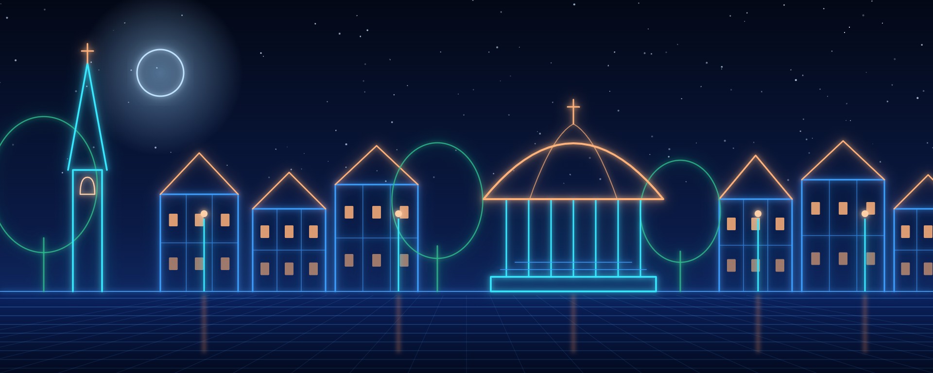 Neon-style illustration of the Carfax bandstand and St Mary church spire in Horsham at night