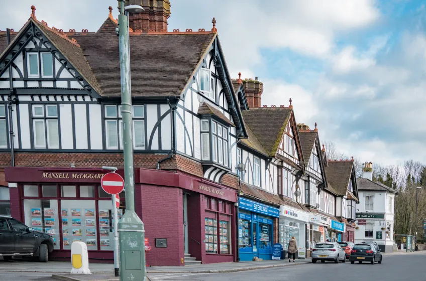 Mock-Tudor shopfronts on Station Road, Burgess Hill town centre
