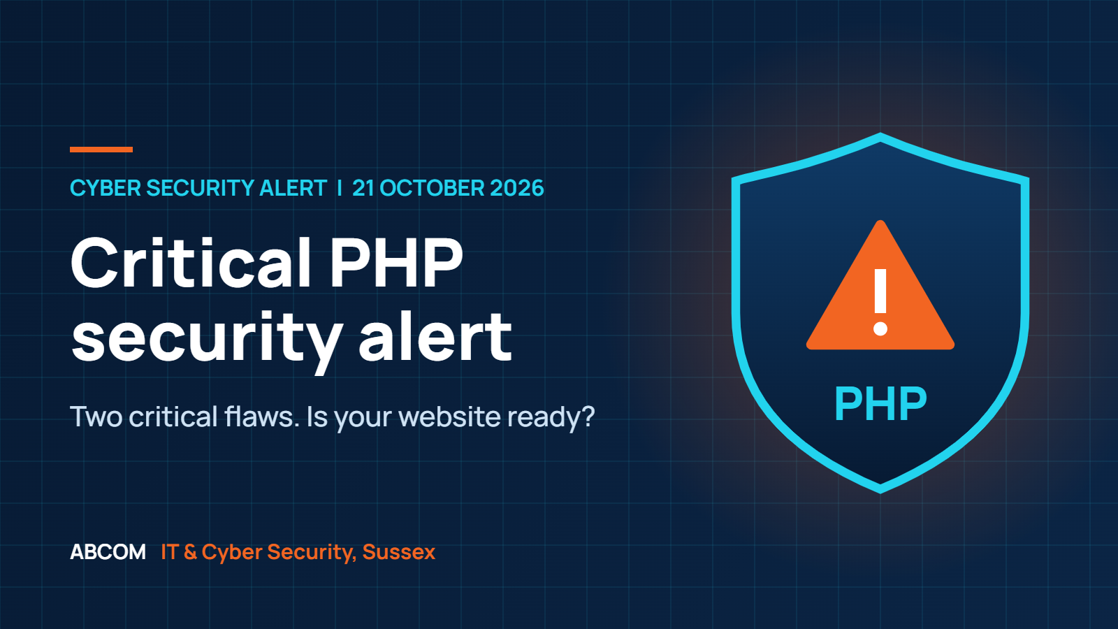 Warning shield with PHP logo text: critical PHP security alert for UK businesses